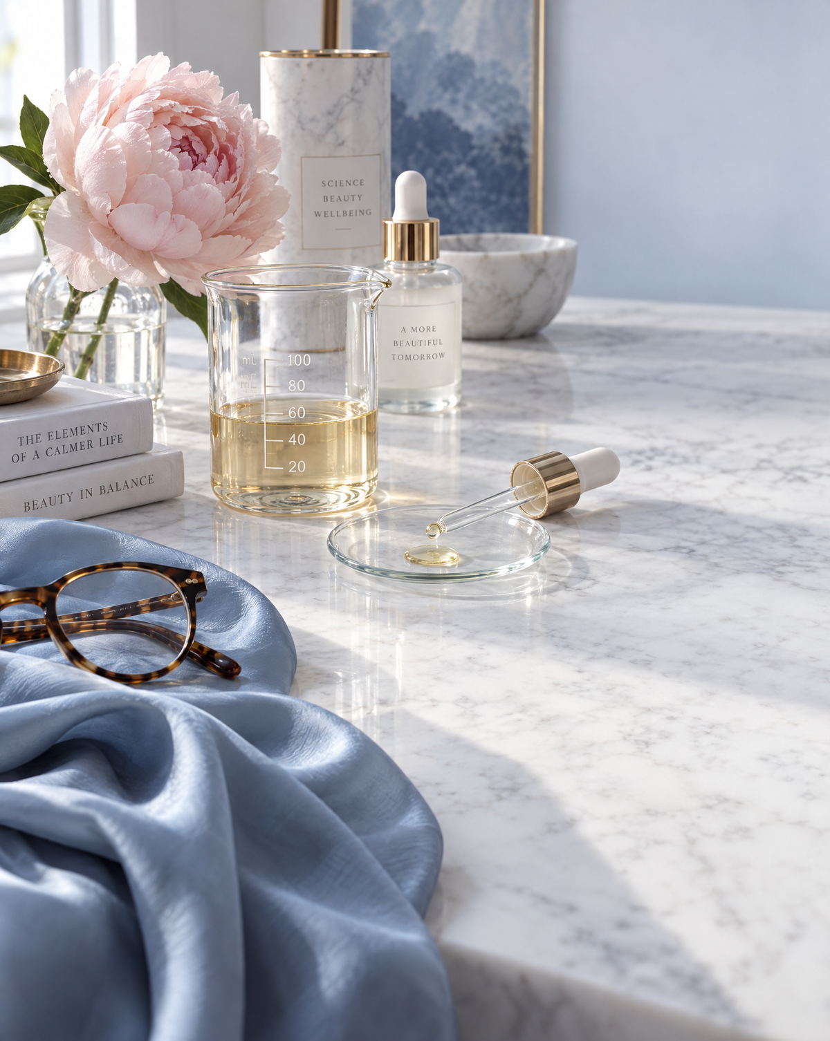 countertop with light yellow oil and blue scarf